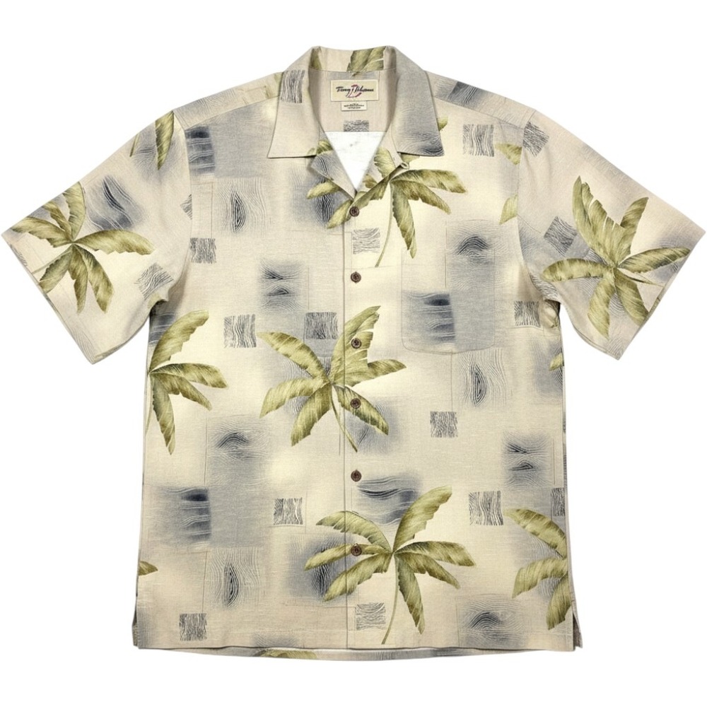 Tommy Bahama Silk Palm Tree Camp Shirt Mens Large Tan Sage Green RN 86549